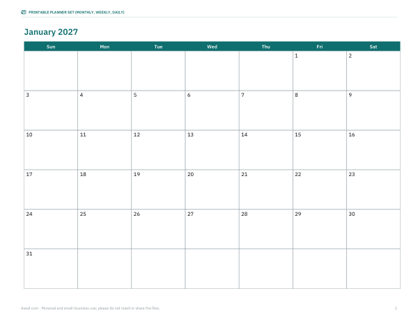 Preview of 2027 Monthly Calendar Printable